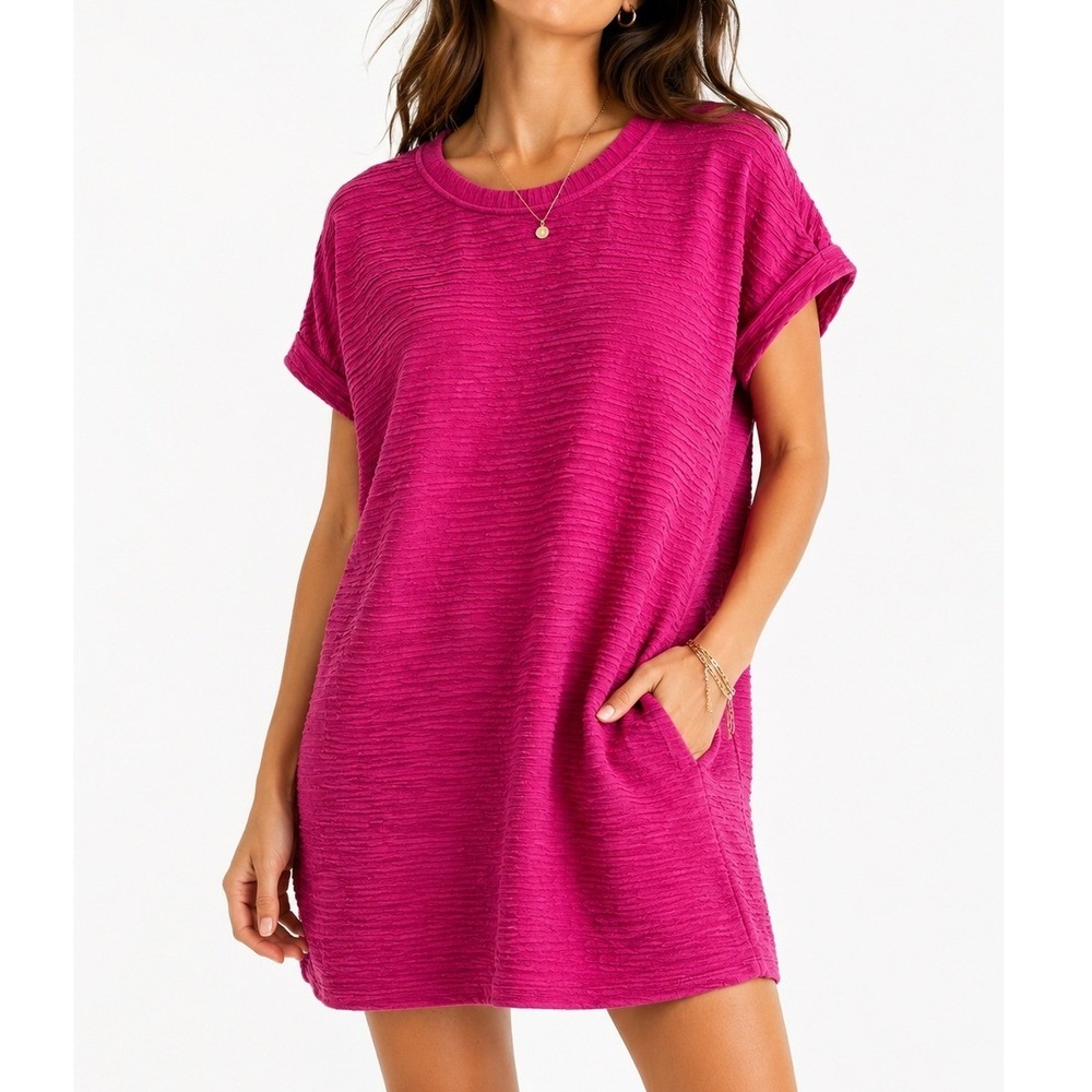 Evaless Magenta Large Textured Tunic Dress Short Sleeve Casual Shift Mini